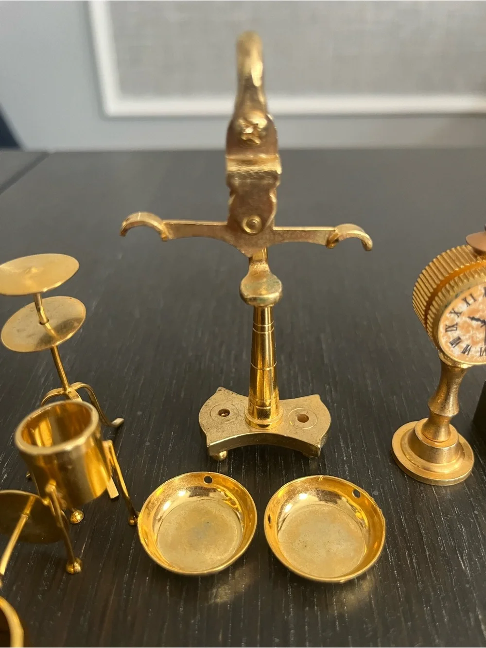 Miniature Brass Dollhouse Accessories Clock, Tea Set, Grinder, Scale, Drum Set